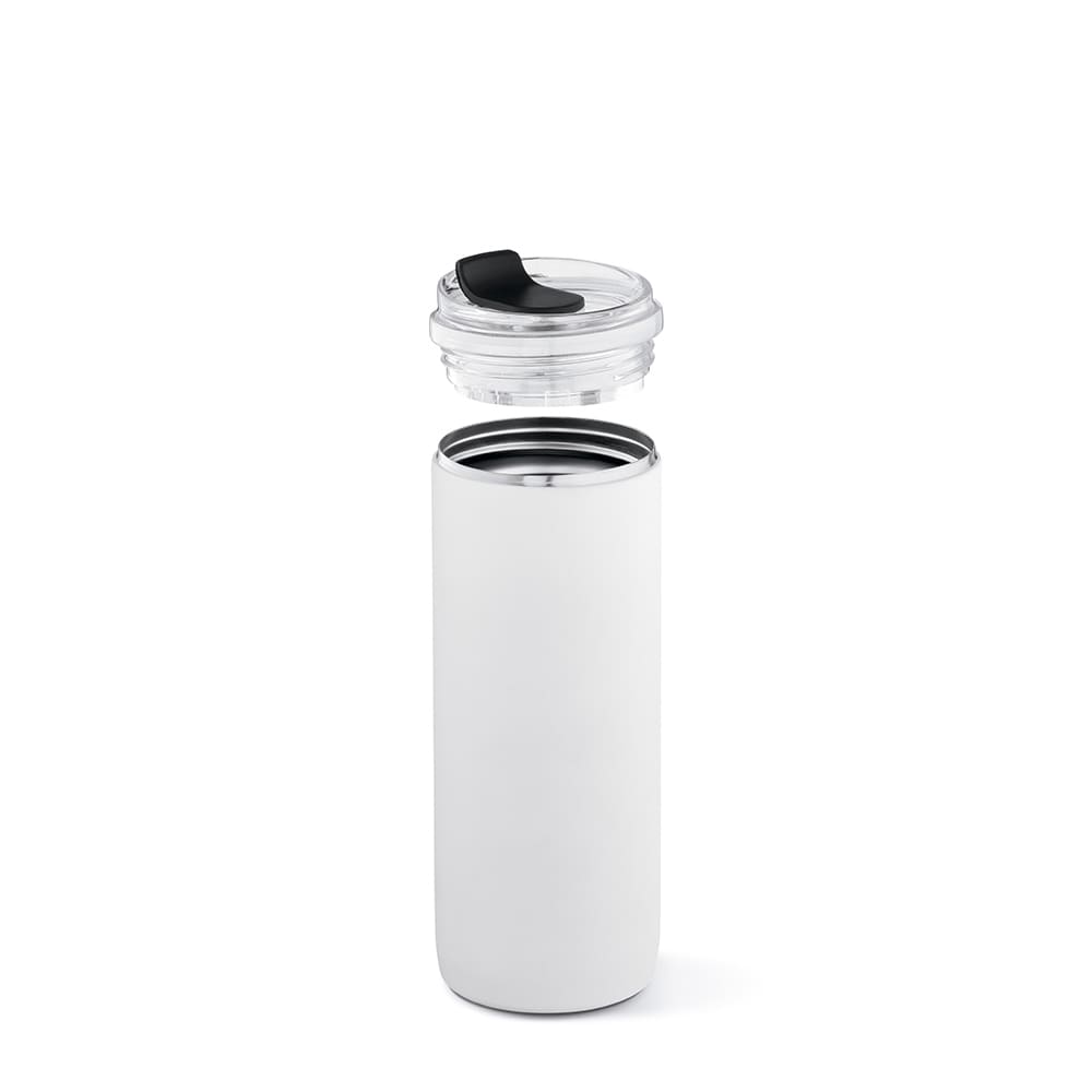 A drink bottle in white with a clear lid, featuring a double wall design and leakproof construction.