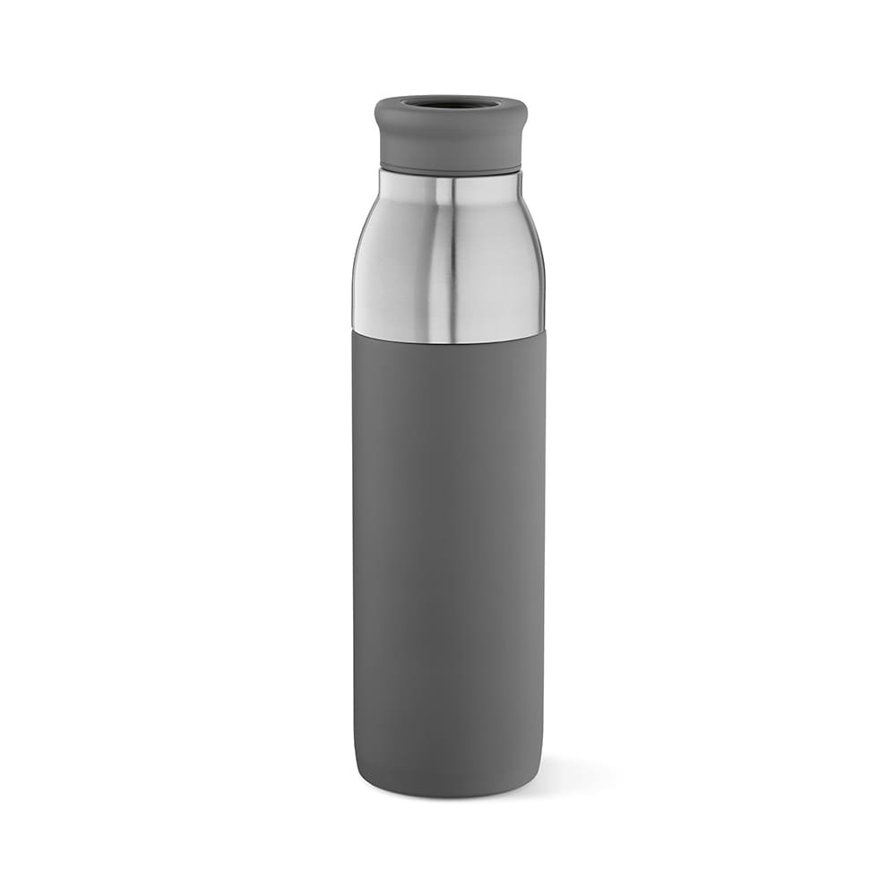 A drink bottle featuring a stainless steel upper section and a matte grey finish, double wall and leakproof design.