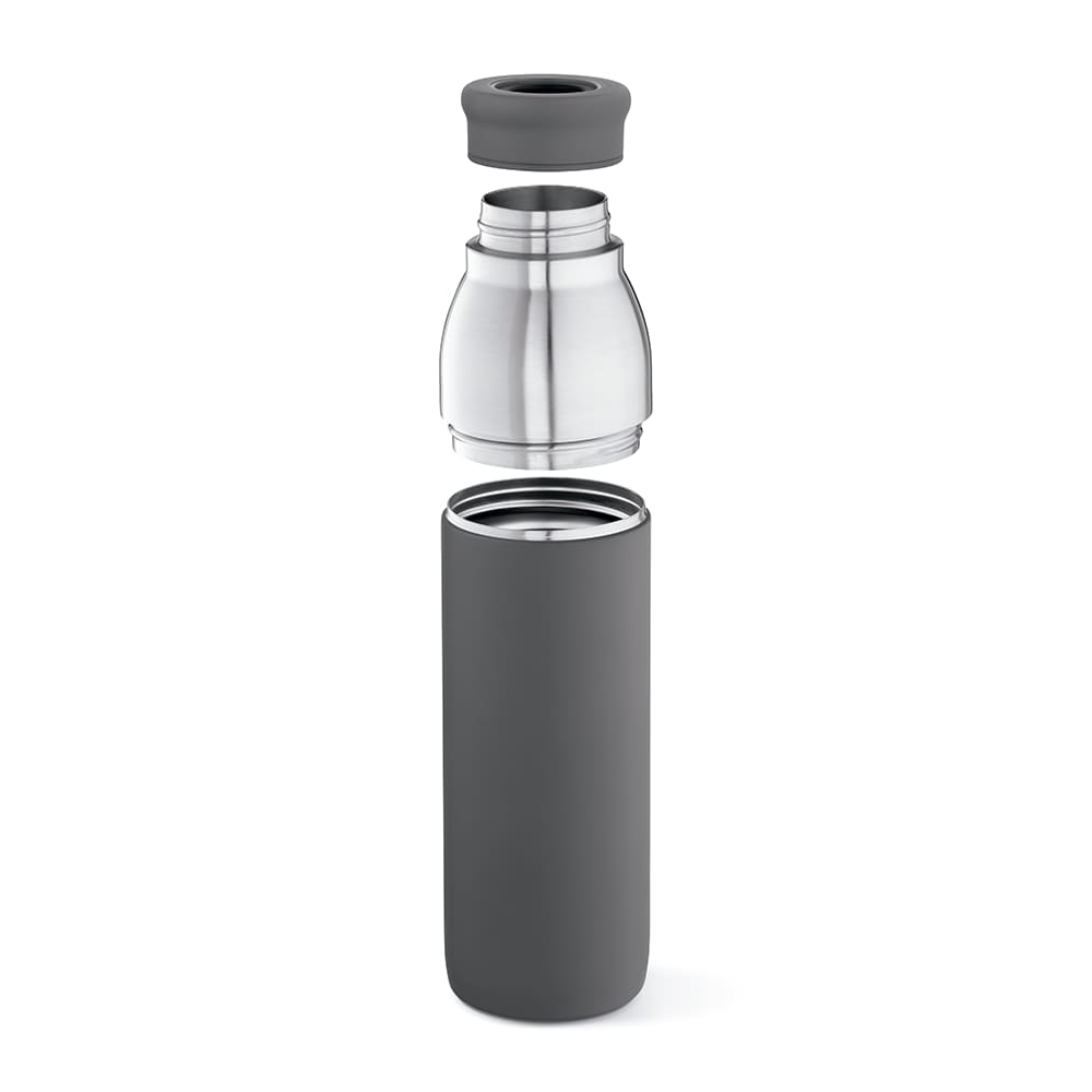 A drink bottle in grey with a double wall, featuring a leakproof design and detachable lid.