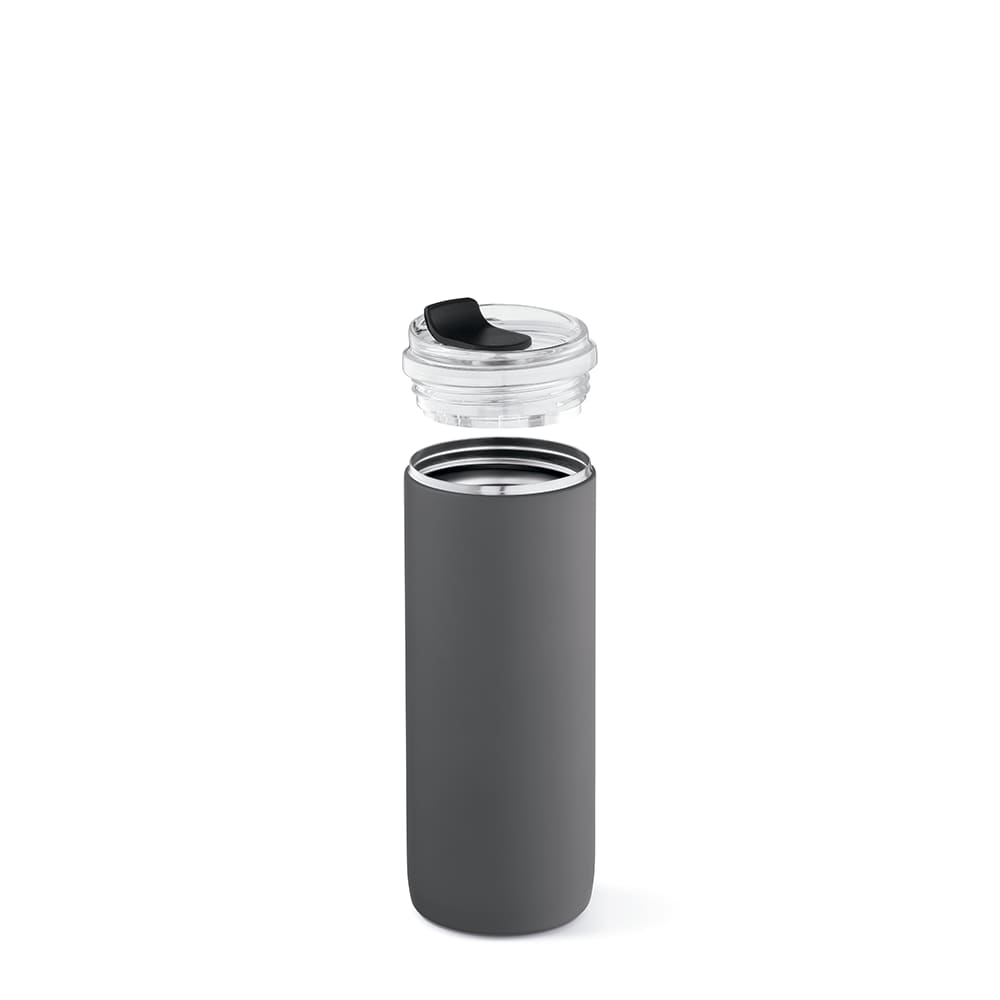 A drink bottle in matte grey with a clear, leakproof lid. It features a double wall design for insulation.