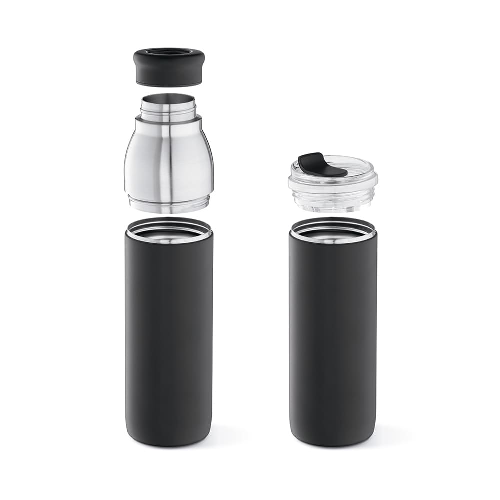 A drink bottle in matte black, featuring a double wall, leakproof design, and an interchangeable lid.