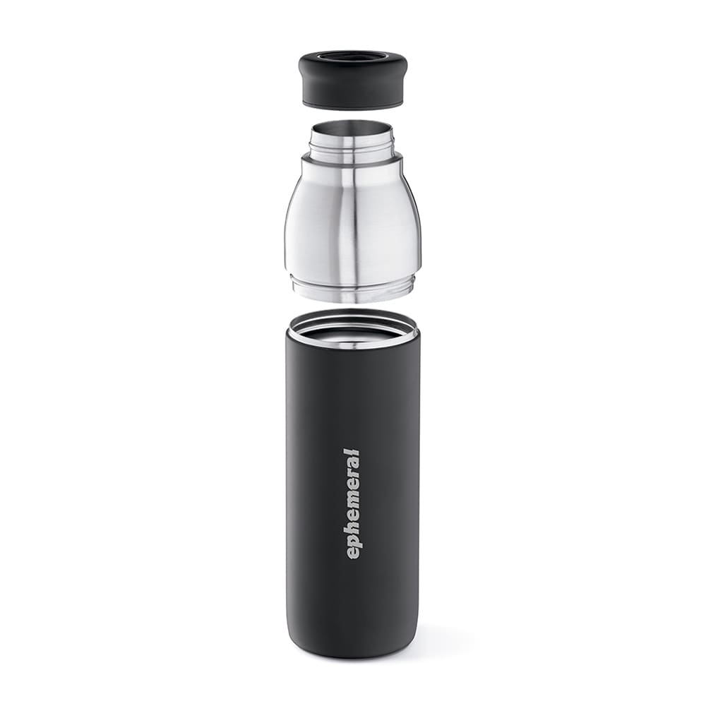 A drink bottle with a sleek black exterior and a stainless steel interior, featuring a detachable lid and a logo.
