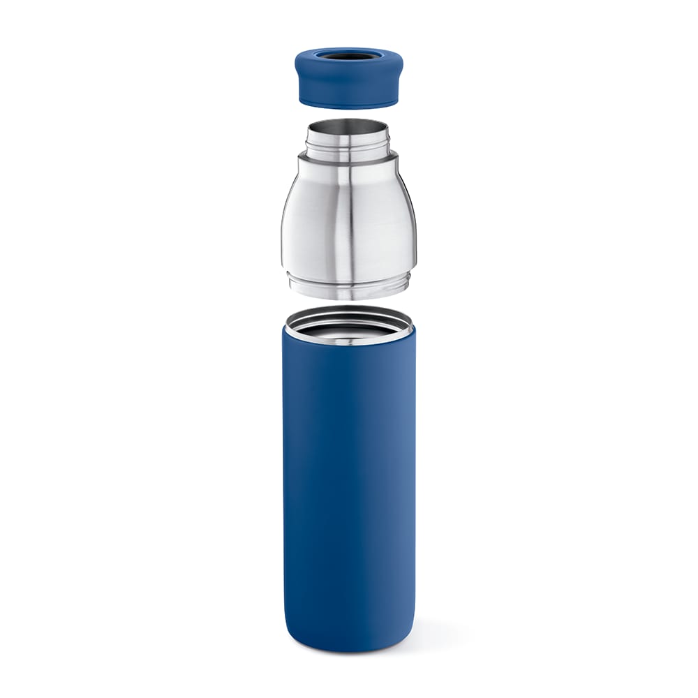 A drink bottle with a stainless steel interior and double wall, featuring a blue exterior and a detachable lid.