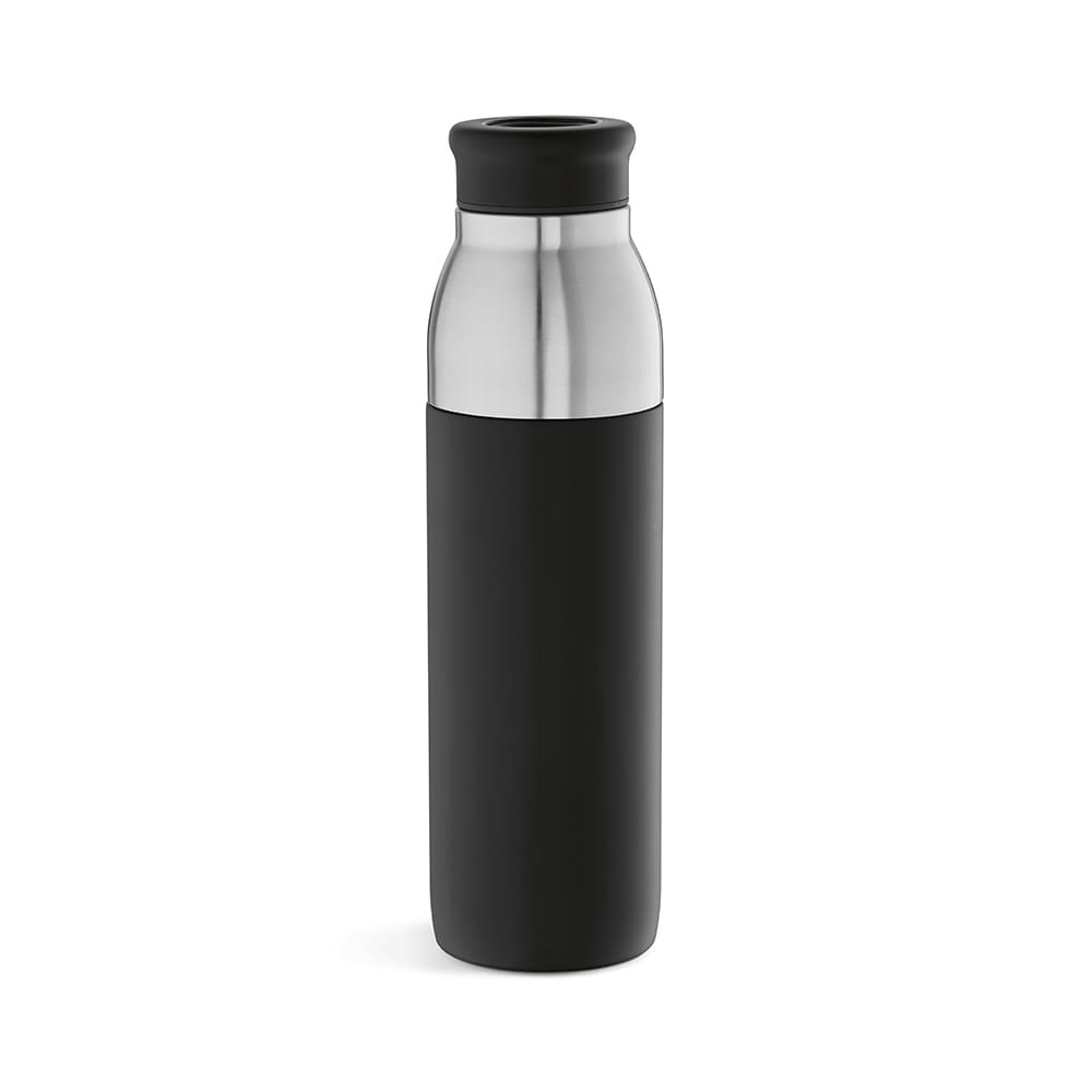 A drink bottle in black with a stainless steel top, featuring a double wall and leakproof design.