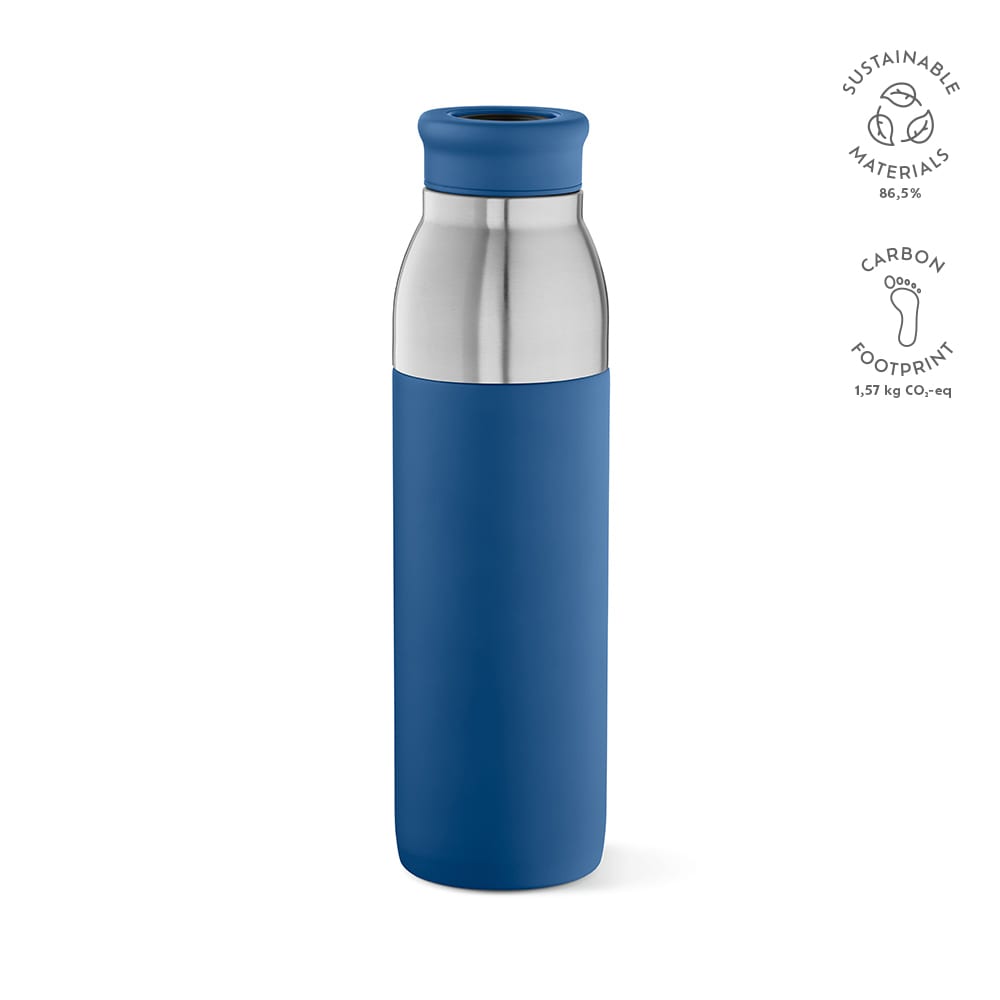 A drink bottle in blue with a sleek design, made of stainless steel and featuring a logo. Double wall and leakproof.