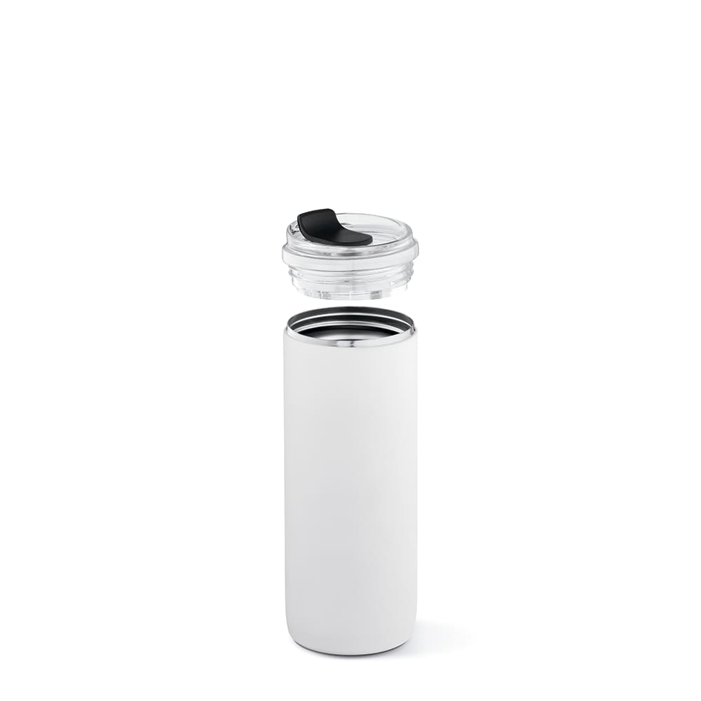 A drink bottle in white, featuring a double wall design and a leakproof lid. The bottle has a logo on it.