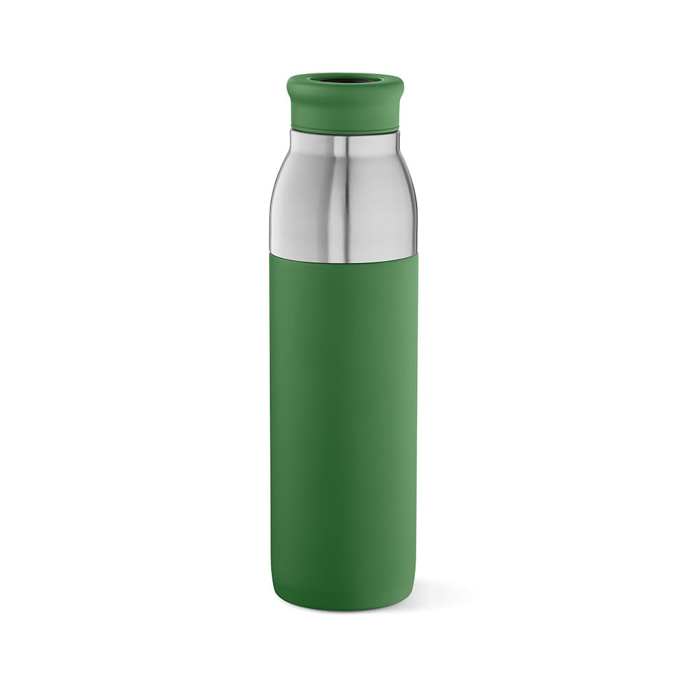 A drink bottle in green with a stainless steel double wall and a leakproof design. Features a logo on the side.