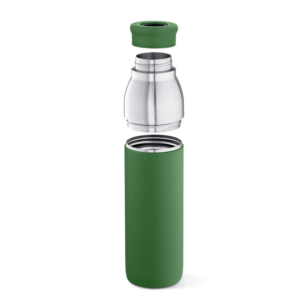 A drink bottle in green with a double-wall design and leakproof cap, featuring a stainless steel interior and exterior.