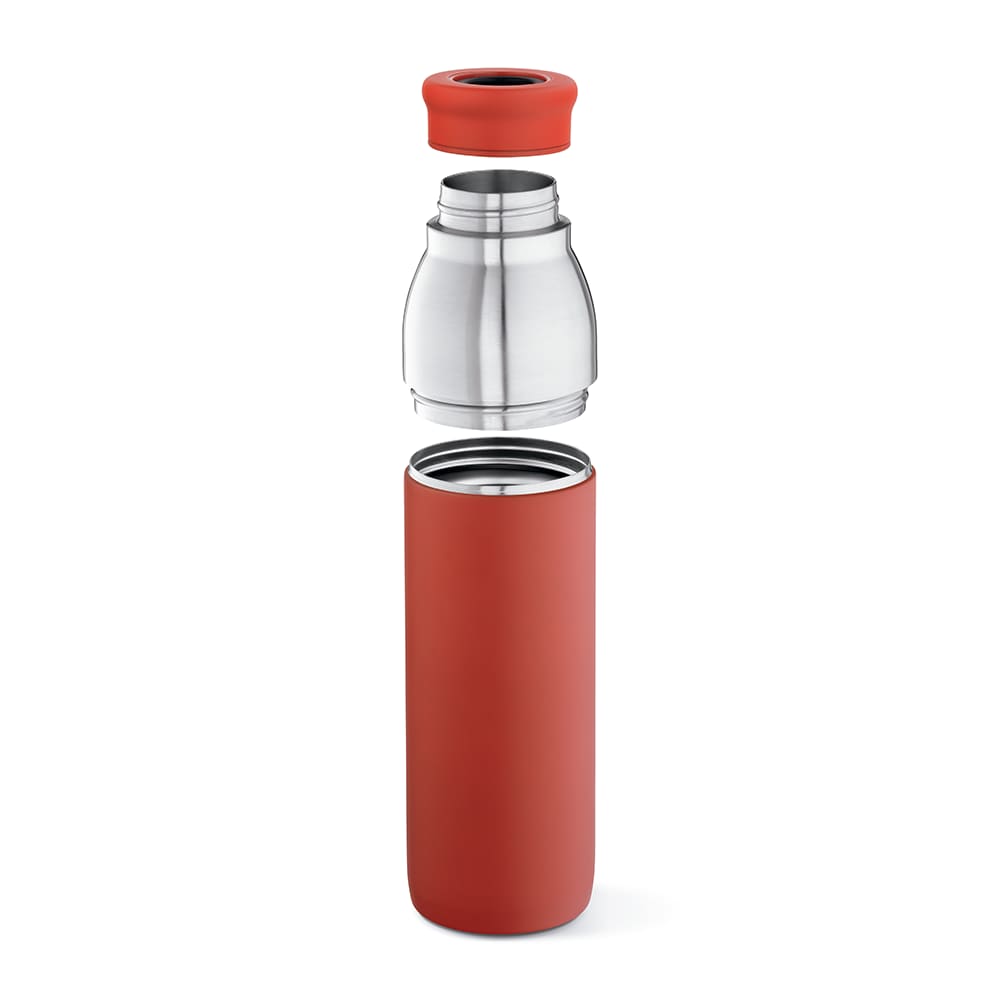 A drink bottle in red, featuring a double wall design and a leakproof cap, shown in an exploded view.