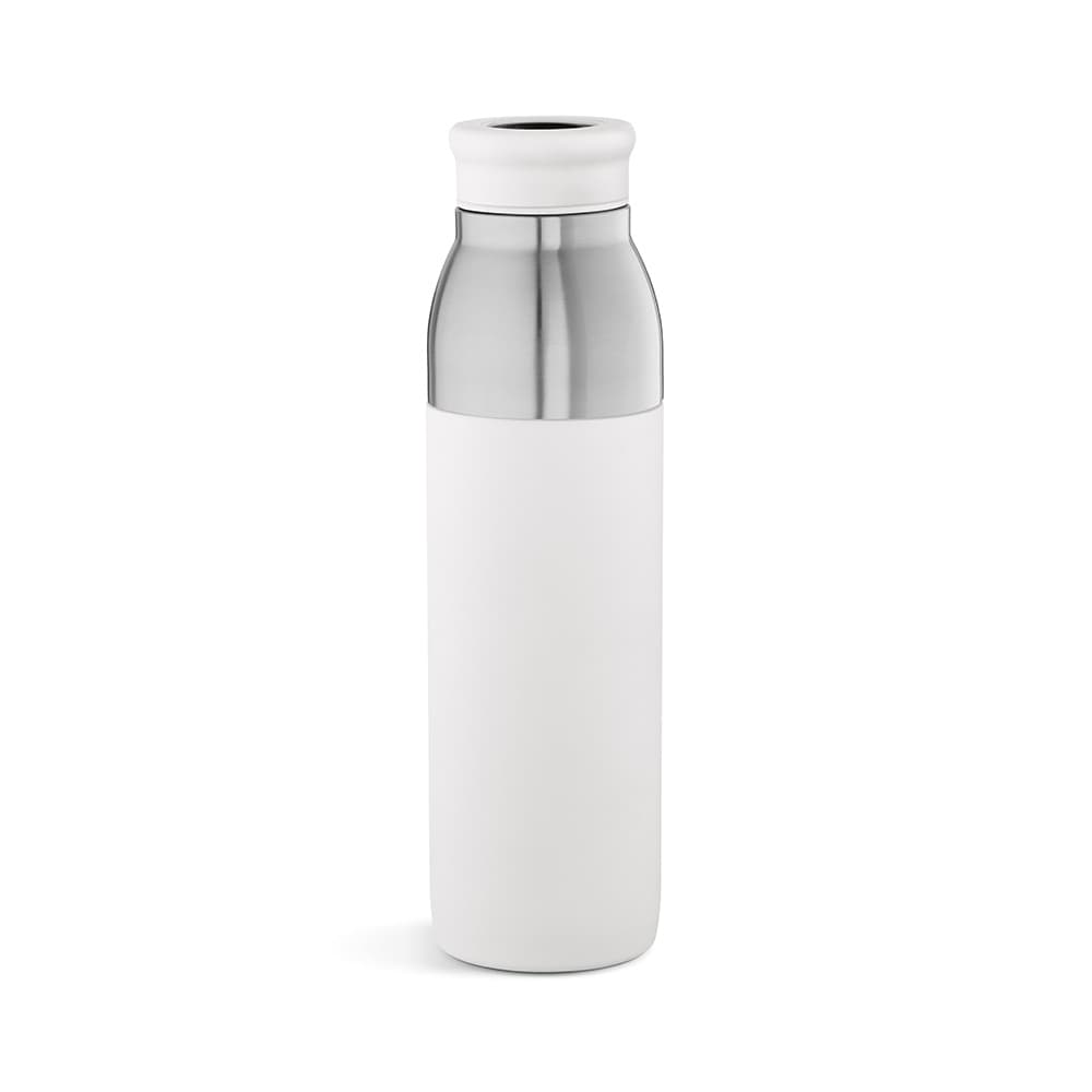A drink bottle in white with a stainless steel top, featuring a double wall and leakproof design.