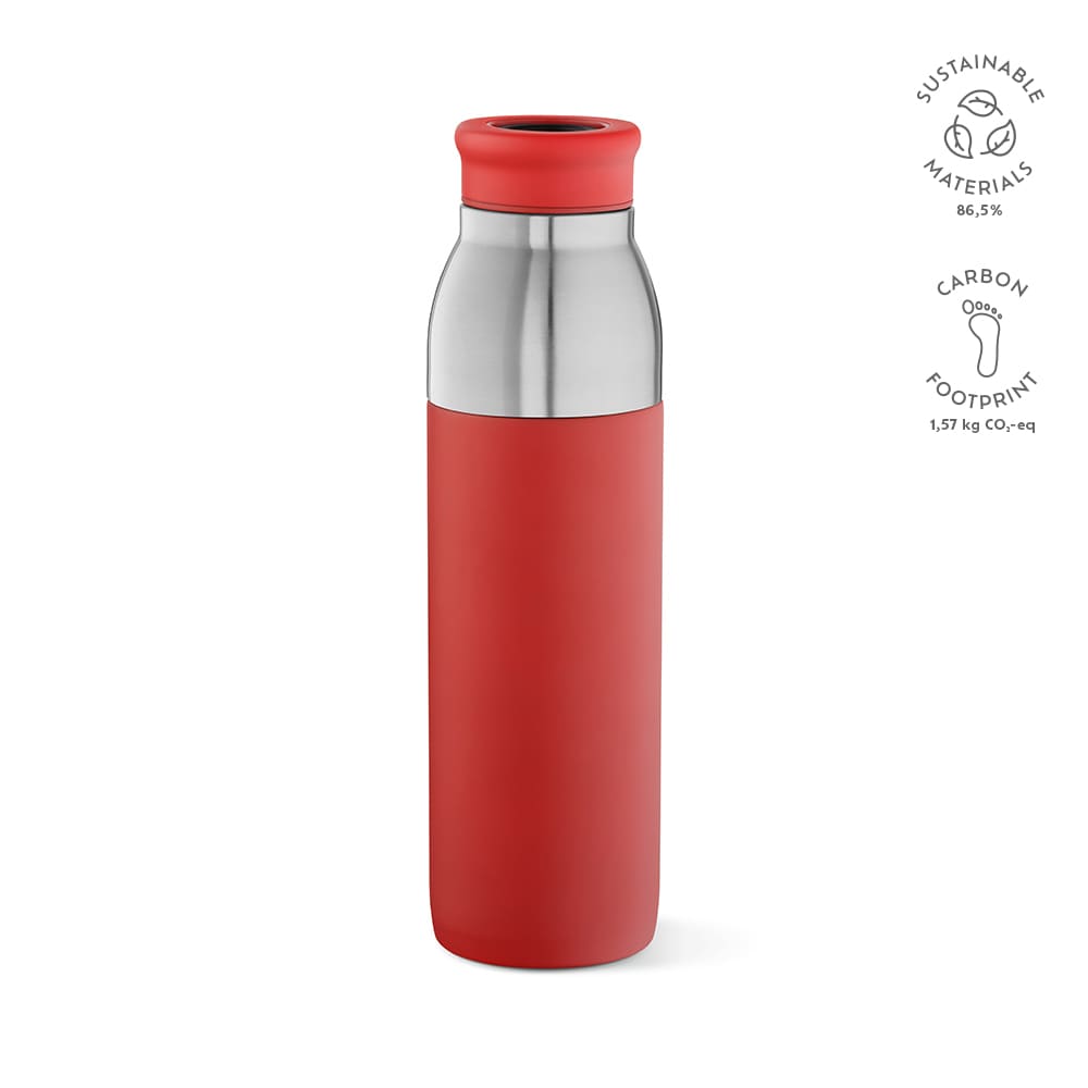 A drink bottle in red with a stainless steel top, featuring a logo and made from sustainable materials.
