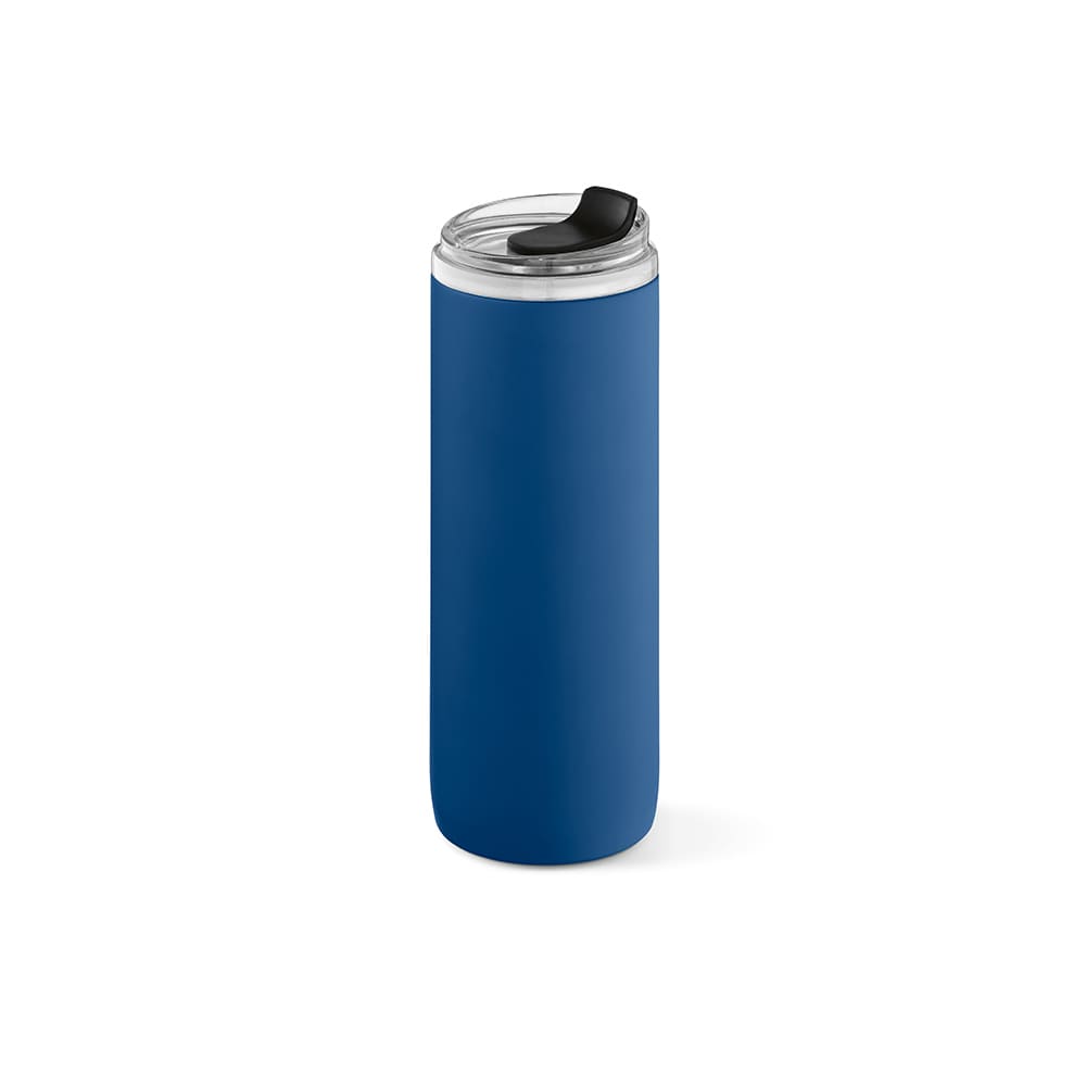 A drink bottle in a deep blue colour with a double wall, leakproof design, and a clear lid.