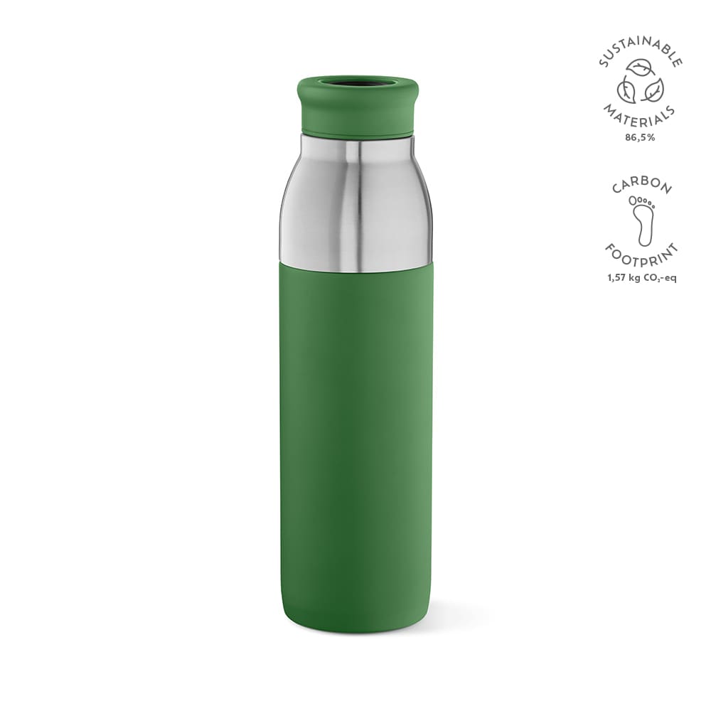 A drink bottle featuring a green outer and stainless steel interior, with a logo visible on the side.