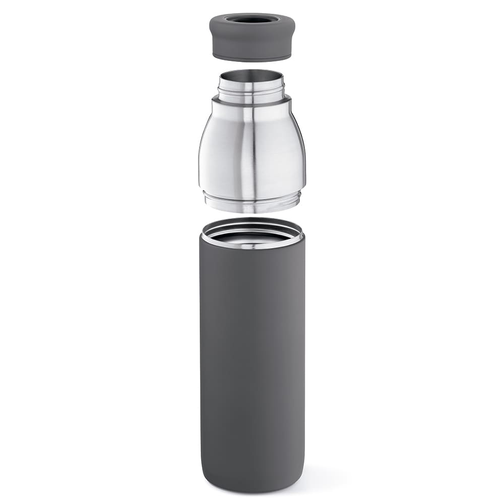 A drink bottle in matte black with a stainless steel interior, featuring a detachable lid and double wall design.