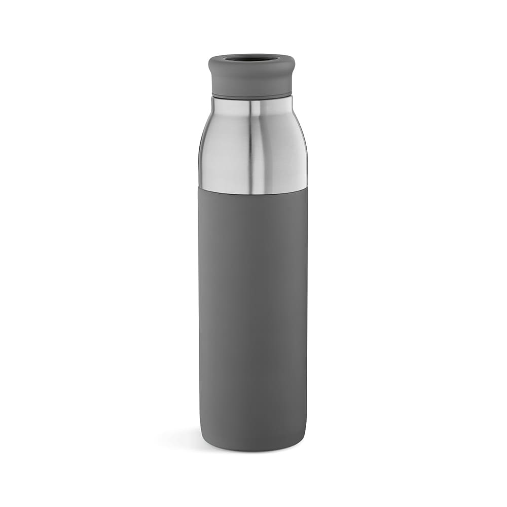 A drink bottle featuring a sleek grey exterior, stainless steel body, and leakproof design. Includes a logo.