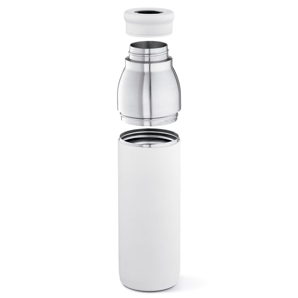 A drink bottle in white with a stainless steel top, featuring a double wall and leakproof design. Includes a logo.
