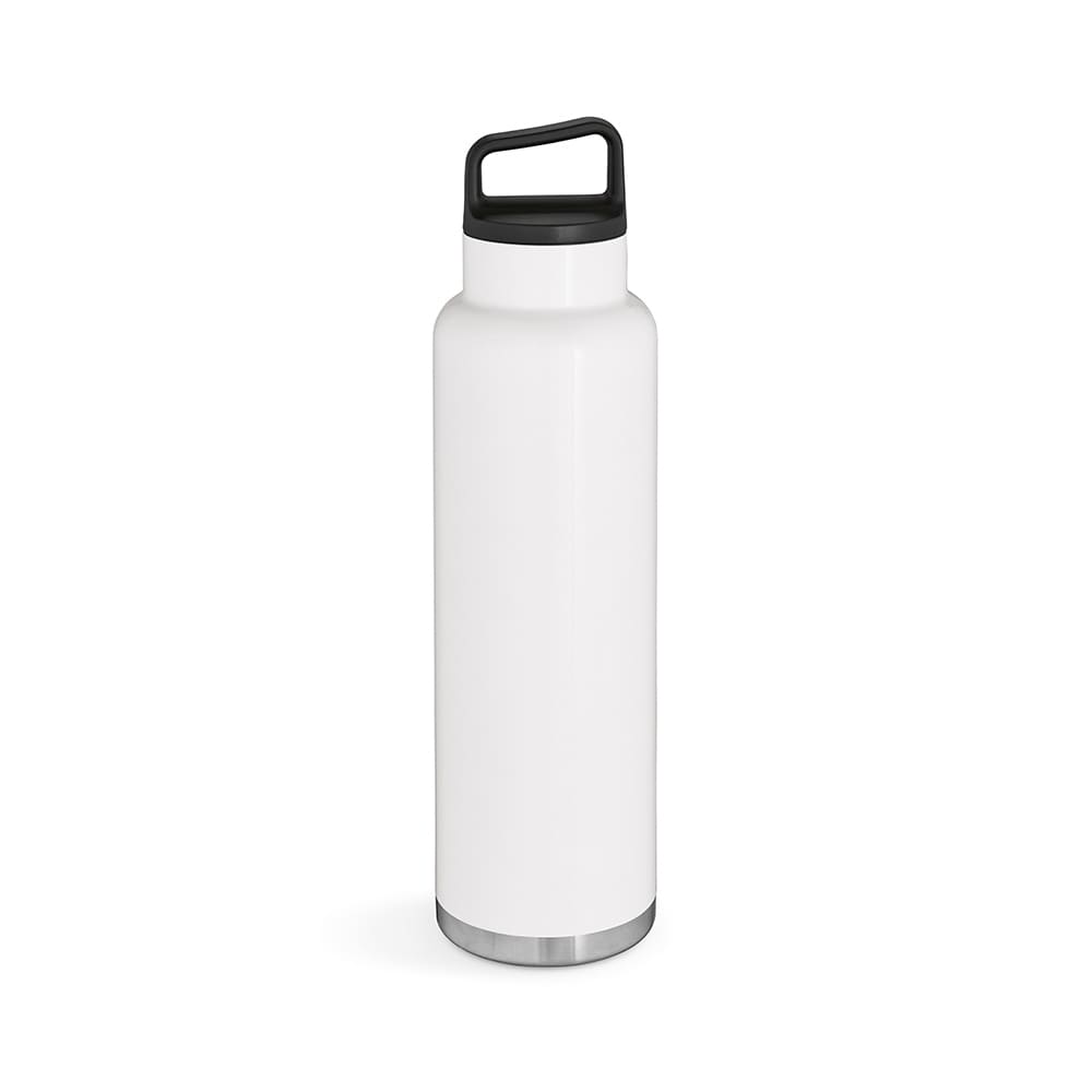 A drink bottle in white with a stainless steel base and a black lid, featuring a logo. Double-walled for insulation.