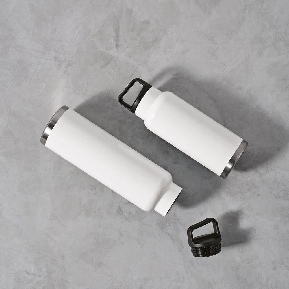 A drink bottle in white with a silver cap, featuring a double-walled design and including a black lid.