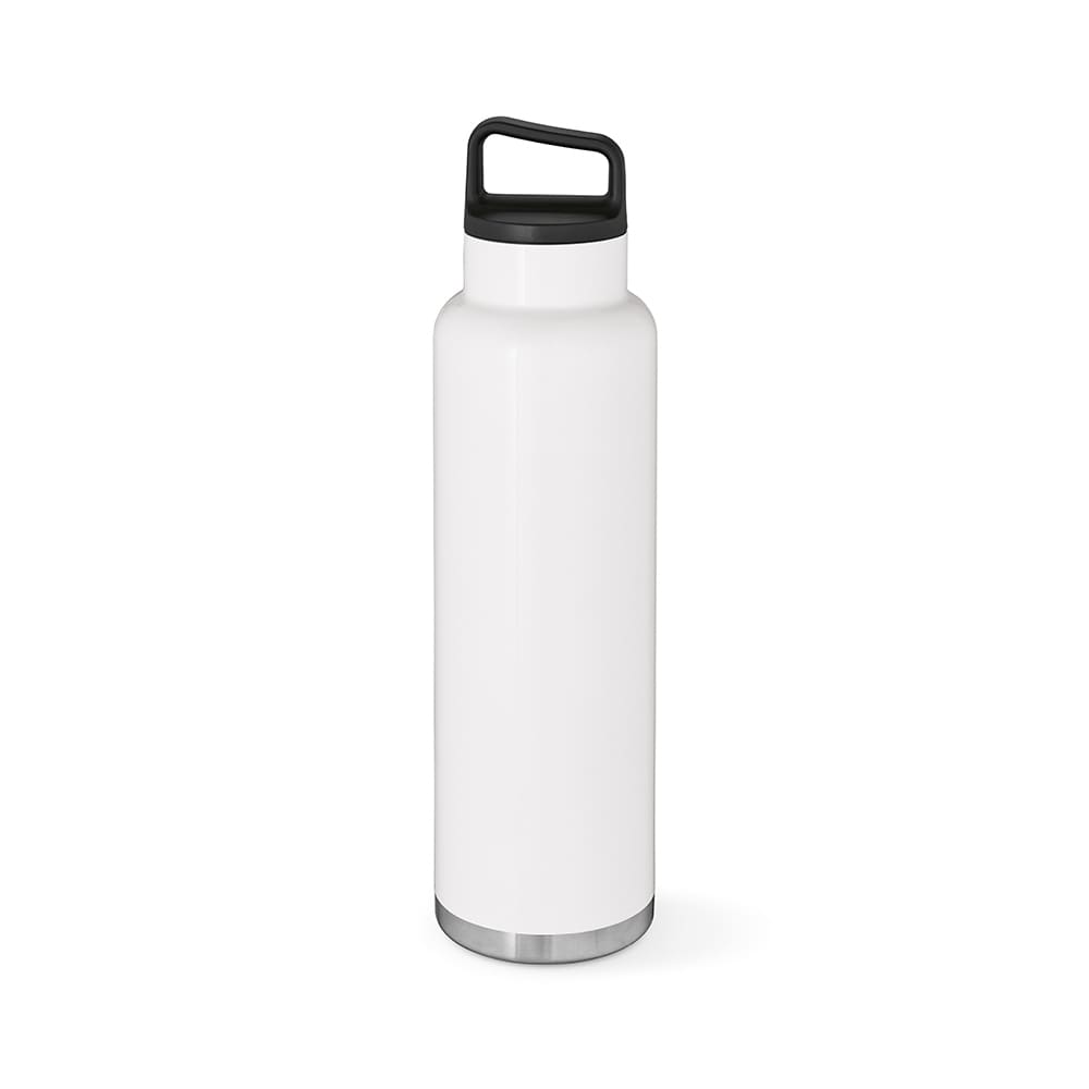 A drink bottle in white with a black lid and handle, featuring double-walled insulation for sublimation.