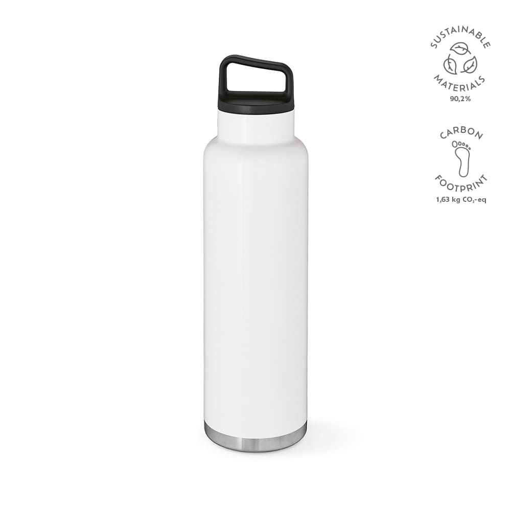 A drink bottle with a double-walled design, featuring a white exterior and a black lid. It has a logo.
