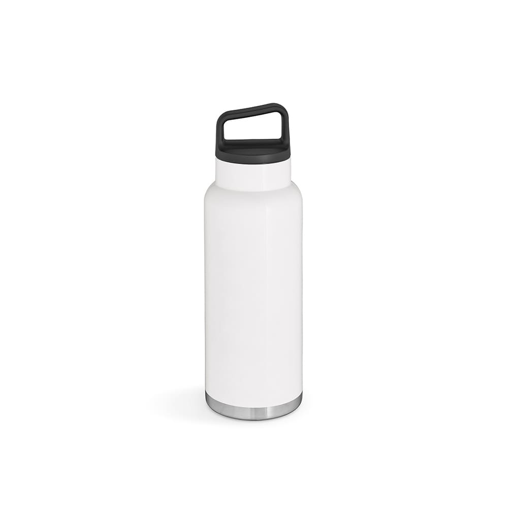 A drink bottle featuring a double-walled design in white with a black lid and base, suitable for sublimation printing.