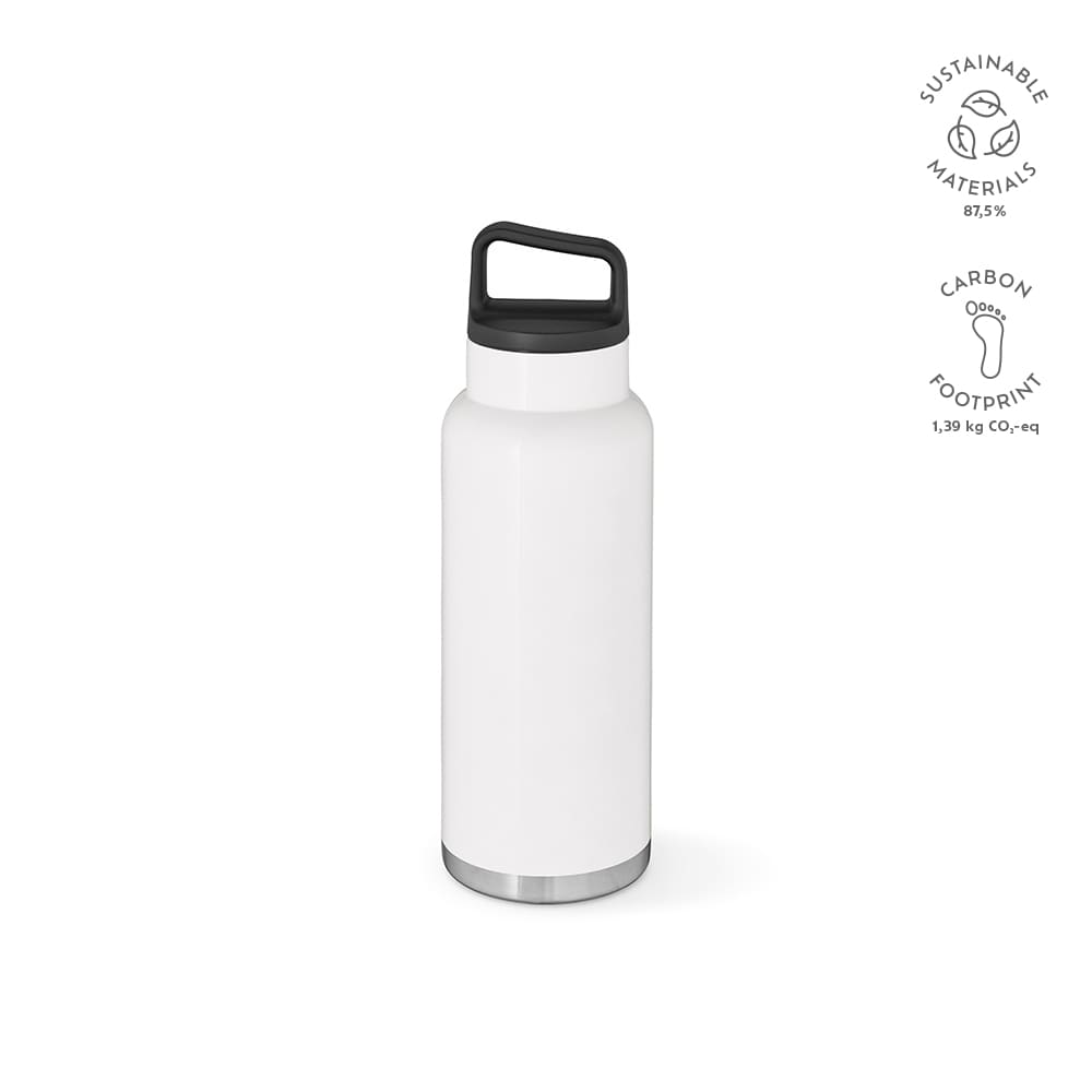 A drink bottle with a double-walled design, featuring a sleek white body and a black lid. Includes a logo.