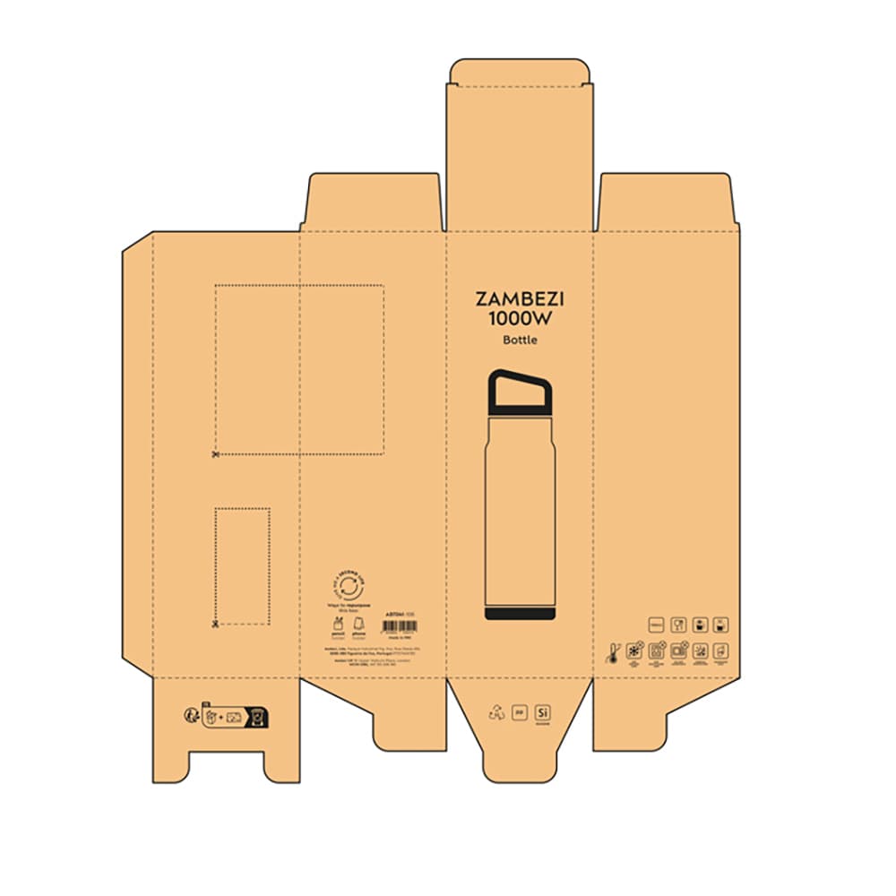 A drink bottle packaging design for the Zambezi 1000W, featuring a sleek shape and a logo. The colour is beige.