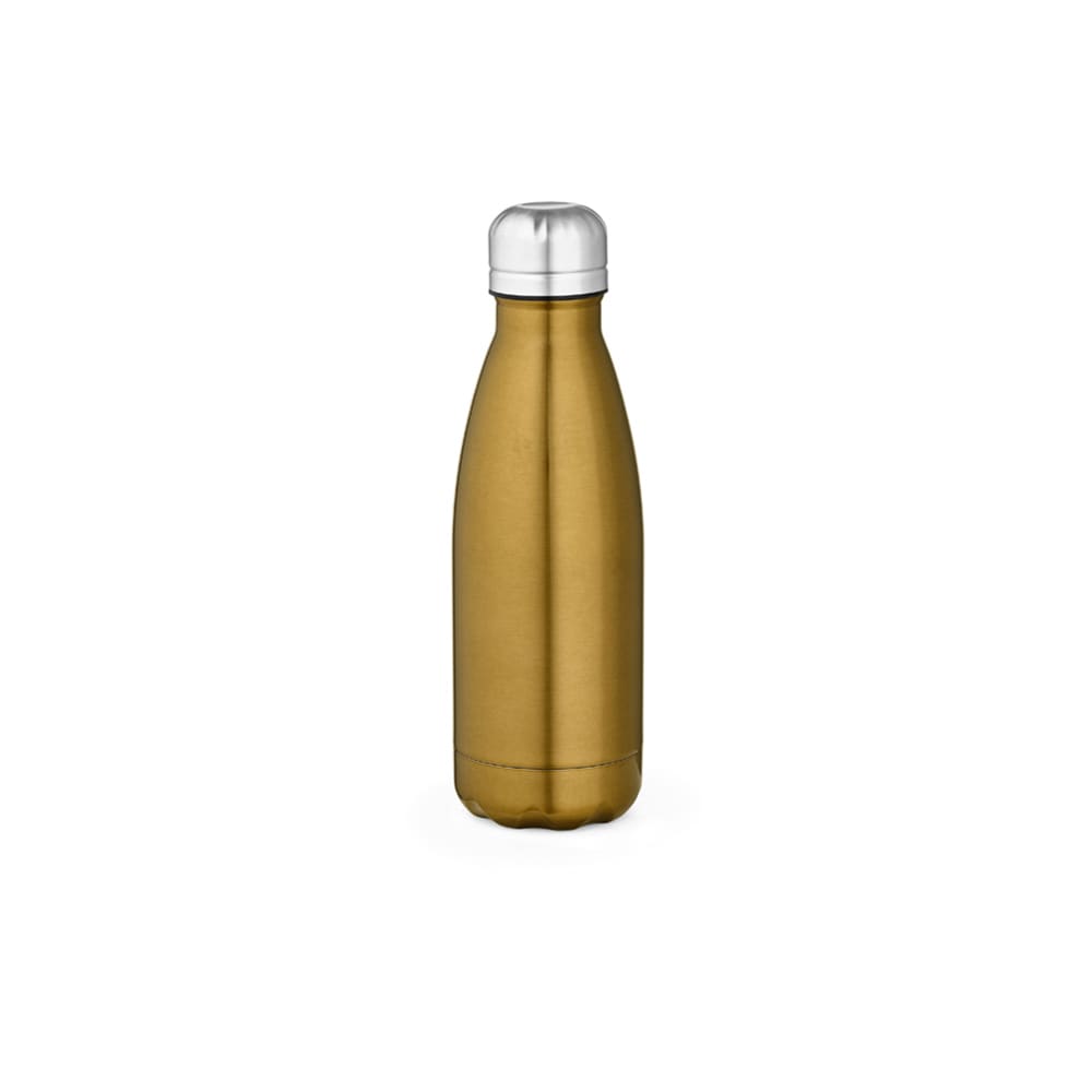 A drink bottle in a shiny gold finish with a silver lid, featuring a sleek double-wall design and a logo.