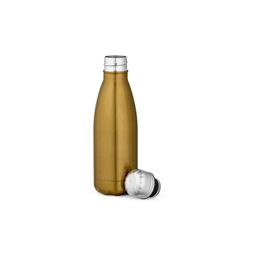 A drink bottle in gold metallic finish with a shiny silver cap, featuring a logo on its surface. Double wall design.