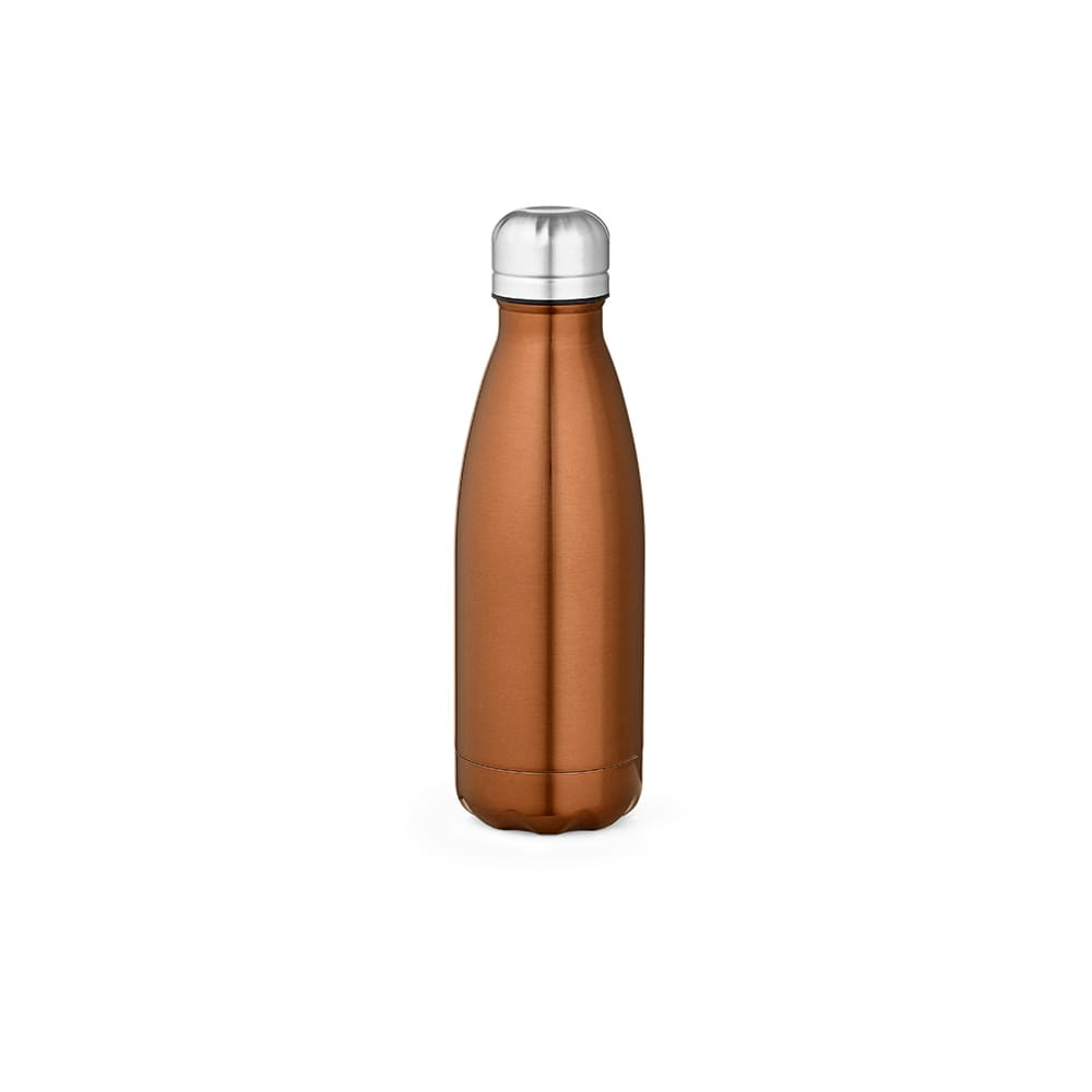 A drink bottle in a shiny copper finish with a silver cap, featuring a logo on the side. Double-walled design.
