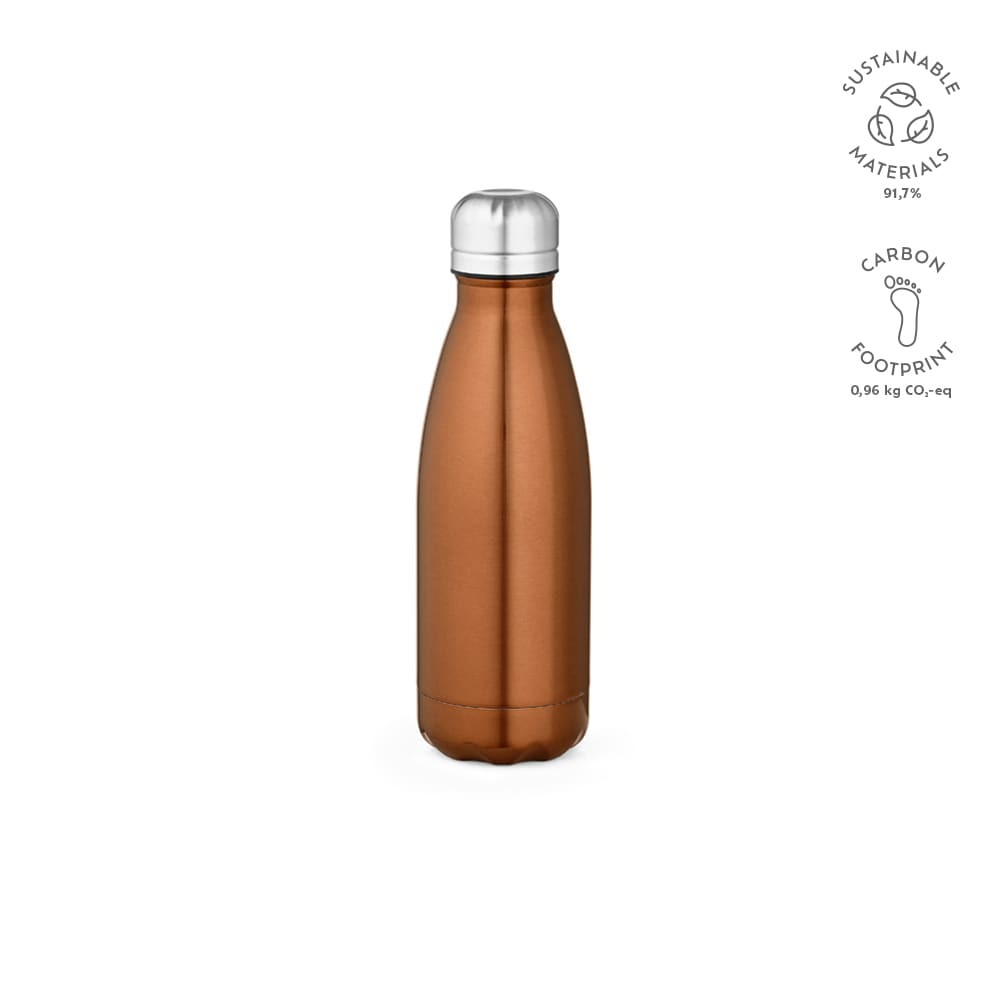 A drink bottle with a shiny copper finish, featuring a stainless steel cap and a logo on the side.