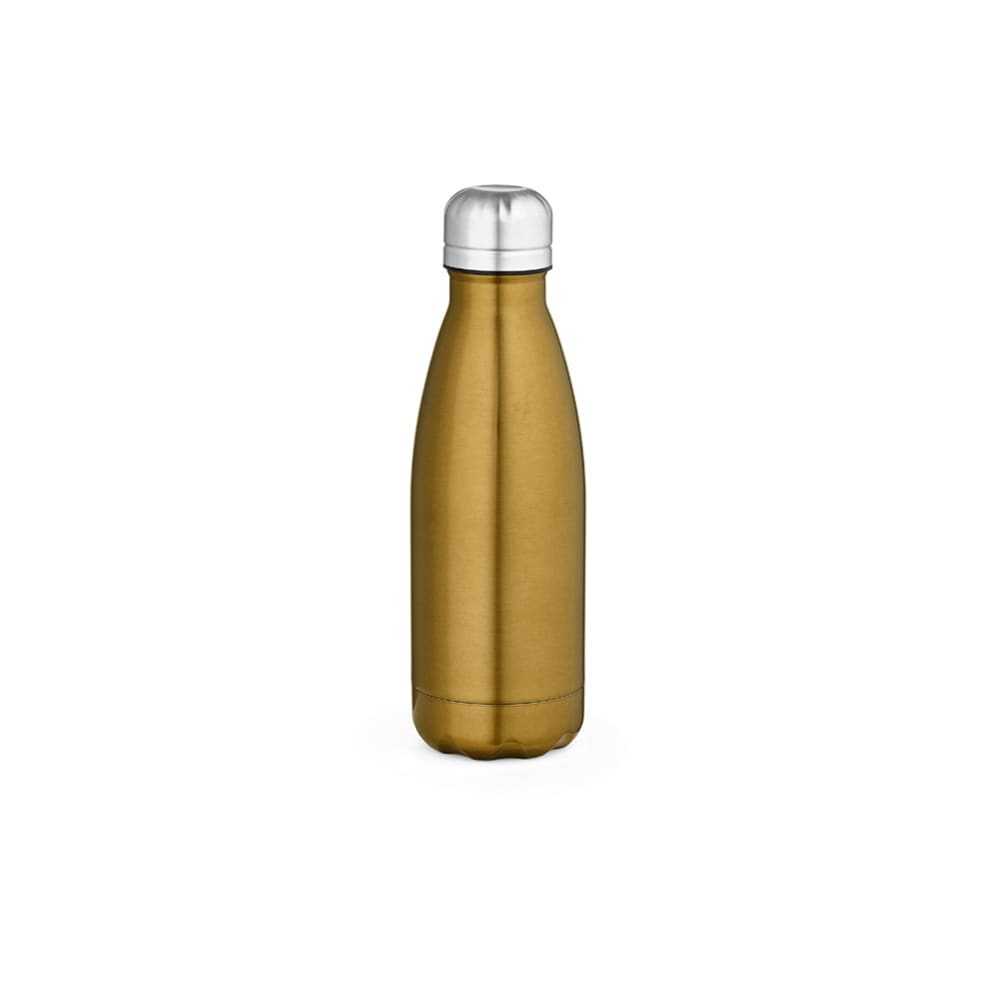 A drink bottle in a shiny gold finish with a silver lid, featuring a logo on the side. Double wall design.