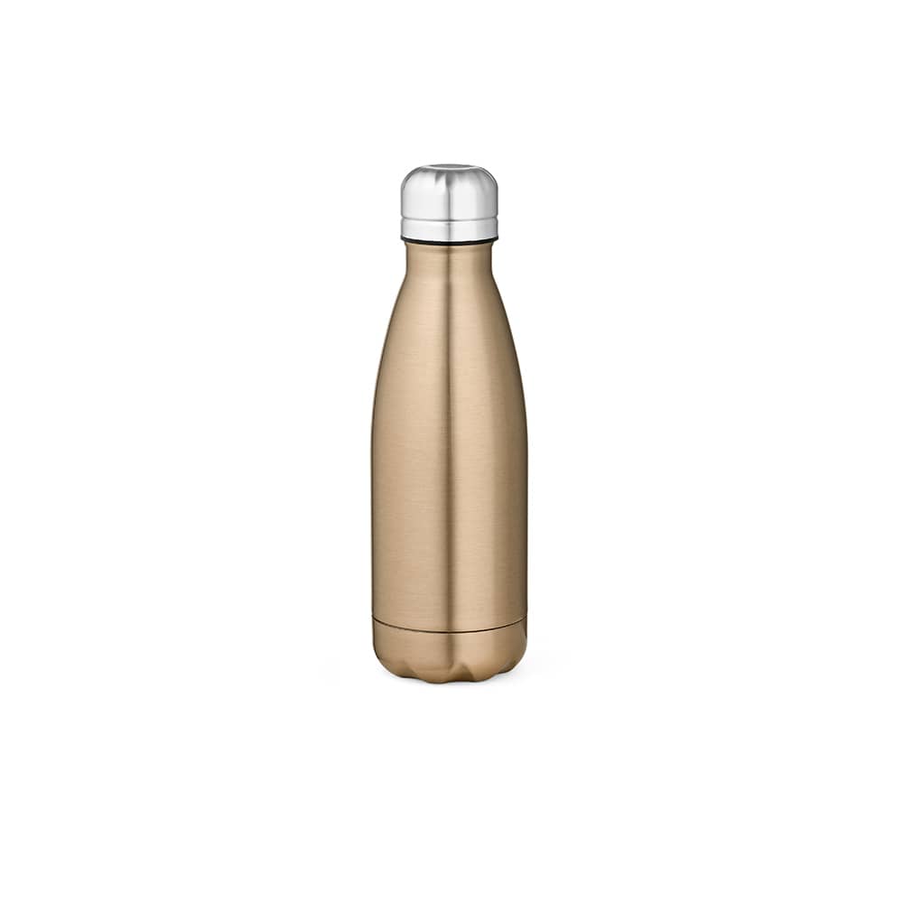 A drink bottle in a shiny bronze finish, featuring a double wall design and a silver cap. It has a logo on the body.