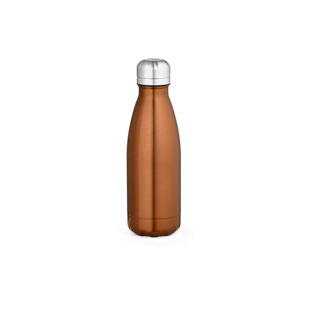 A drink bottle in a shiny copper finish with a stainless steel cap. It features a logo.