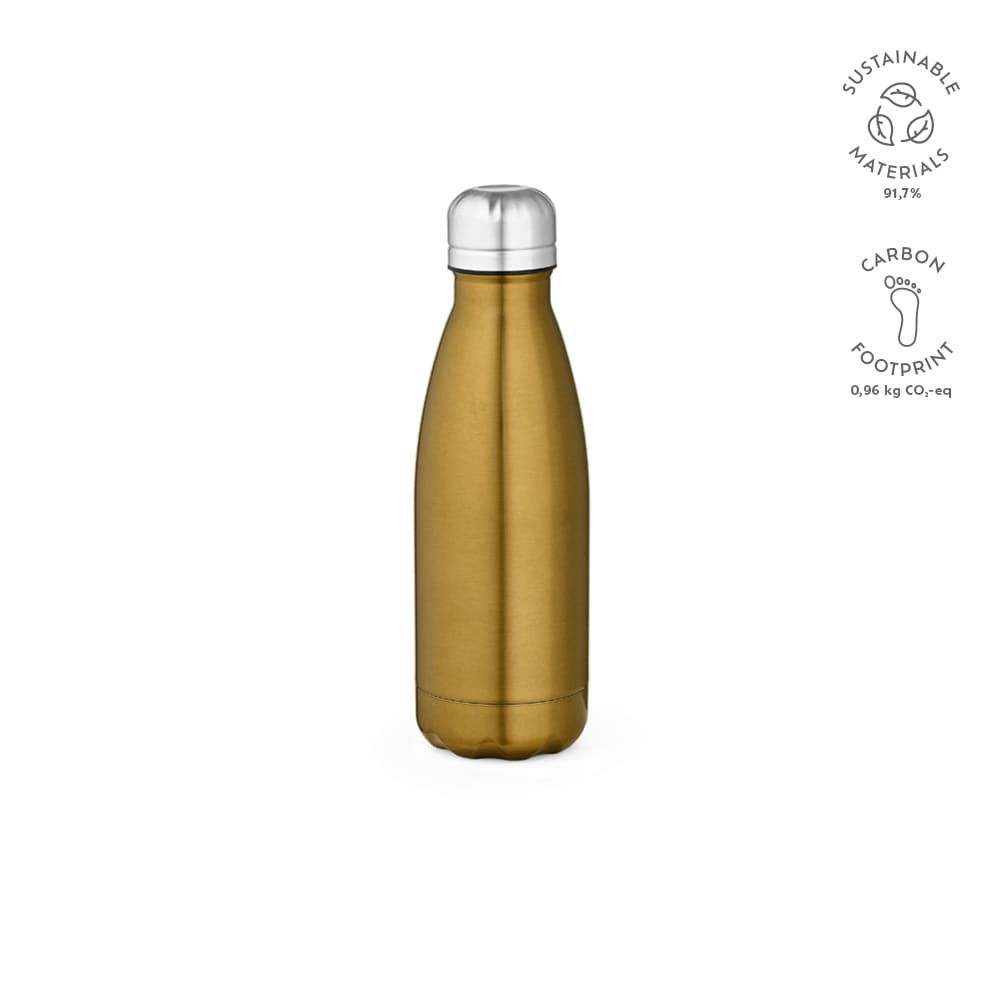 A drink bottle in a shiny gold finish with a silver cap, featuring a logo. Double wall construction for insulation.