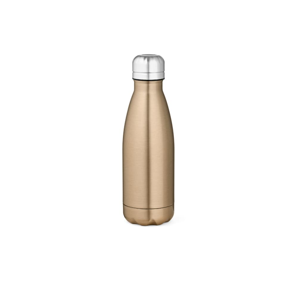 A drink bottle in a sleek, shiny bronze finish with a silver cap and a logo on the side.