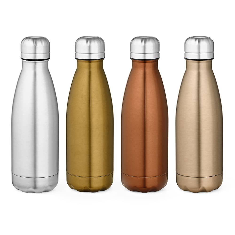 A drink bottle set featuring four double-wall stainless steel bottles in silver, gold, copper, and rose gold, each with a shiny finish.