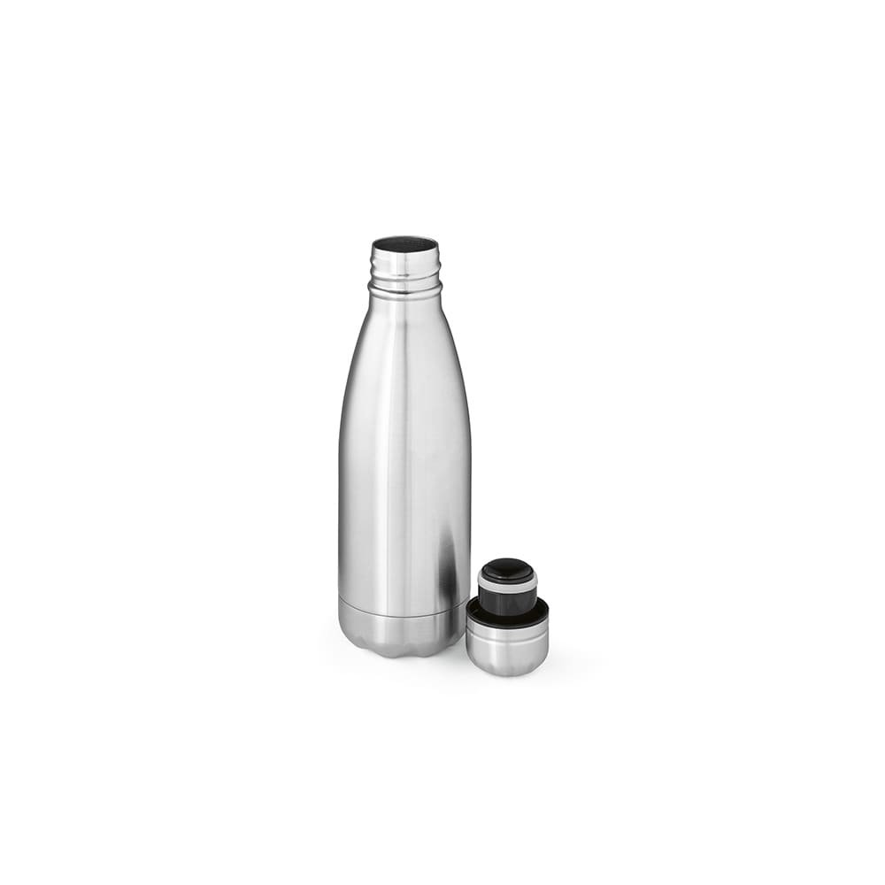 A drink bottle in silver stainless steel with a double wall design and a screw-on cap, accompanied by two smaller containers.