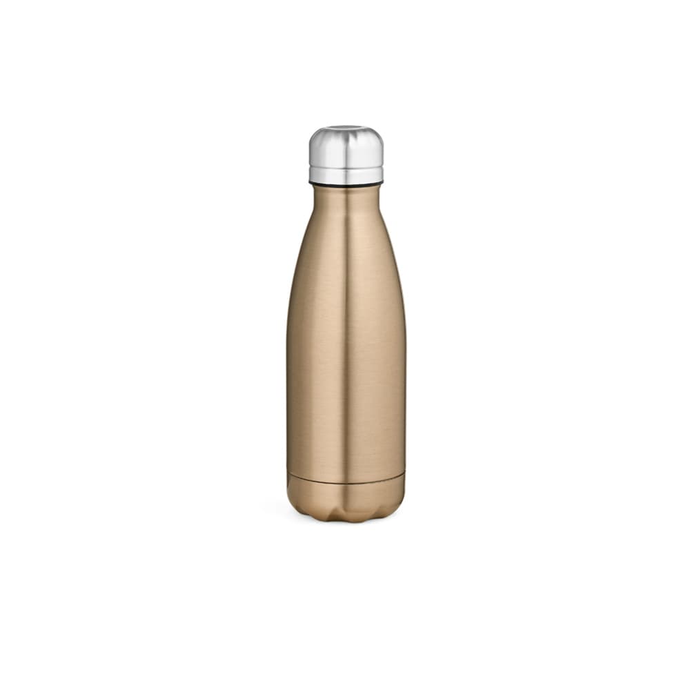 A drink bottle in a shiny gold finish with a silver screw-on lid, featuring a logo.
