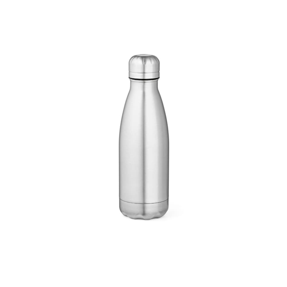 A drink bottle featuring a shiny silver finish, double-walled design, and a round cap, with a logo visible.