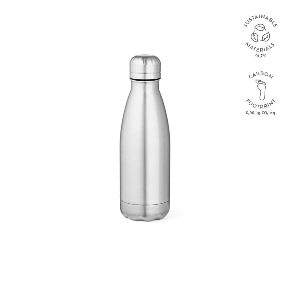A drink bottle in shiny stainless steel with a double wall design. Features a logo and sustainable materials label.