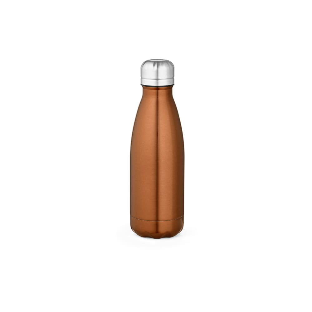 A drink bottle with a shiny, copper finish and a silver metal cap, featuring a logo. Double wall design.