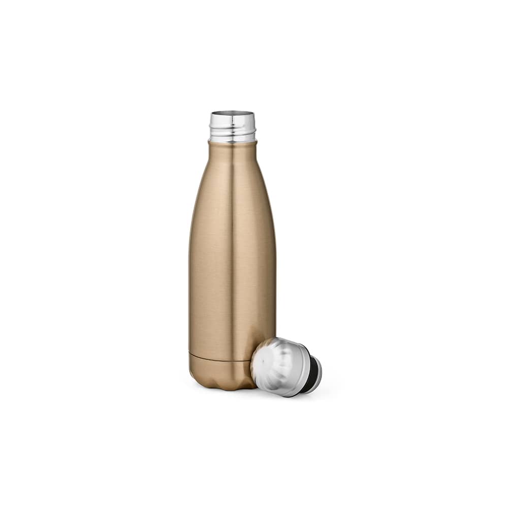 A drink bottle in a shiny bronze finish, featuring a double wall design and a stainless steel lid.