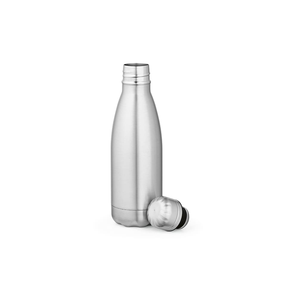 A drink bottle in shiny silver with a double wall design, featuring a removable cap. It has a logo on the surface.
