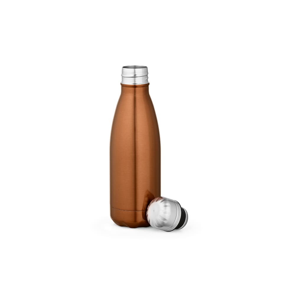 A drink bottle in a shiny copper finish with a stainless steel cap. It features a sleek double-wall design and a logo.