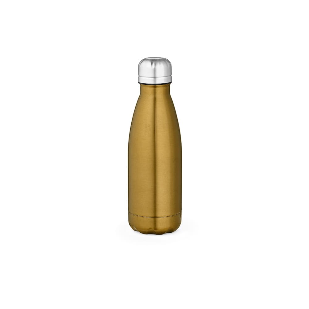 A drink bottle in metallic gold with a shiny finish and a silver cap, featuring a logo.