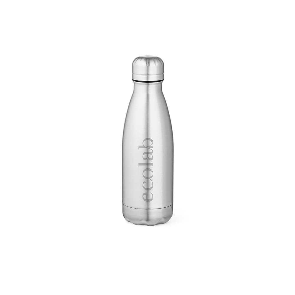 A drink bottle in shiny stainless steel with a double-wall design and a logo printed on the front.