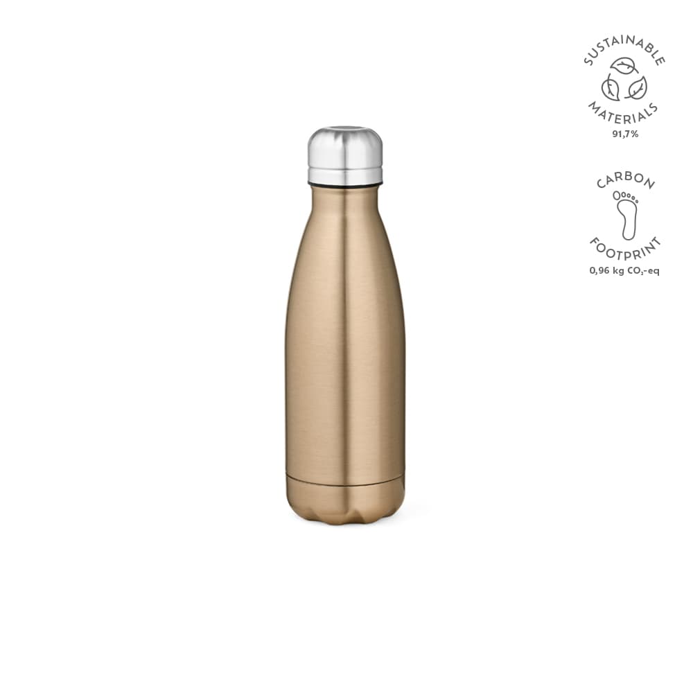A drink bottle in metallic gold, featuring a shiny finish, double wall design, and a silver cap. It has a logo.
