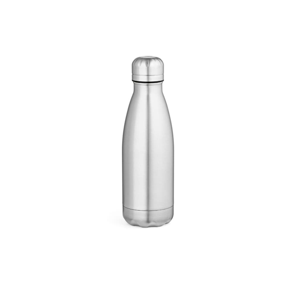 A drink bottle with a shiny silver finish, double wall design, and a sleek, curved shape. It has a logo.