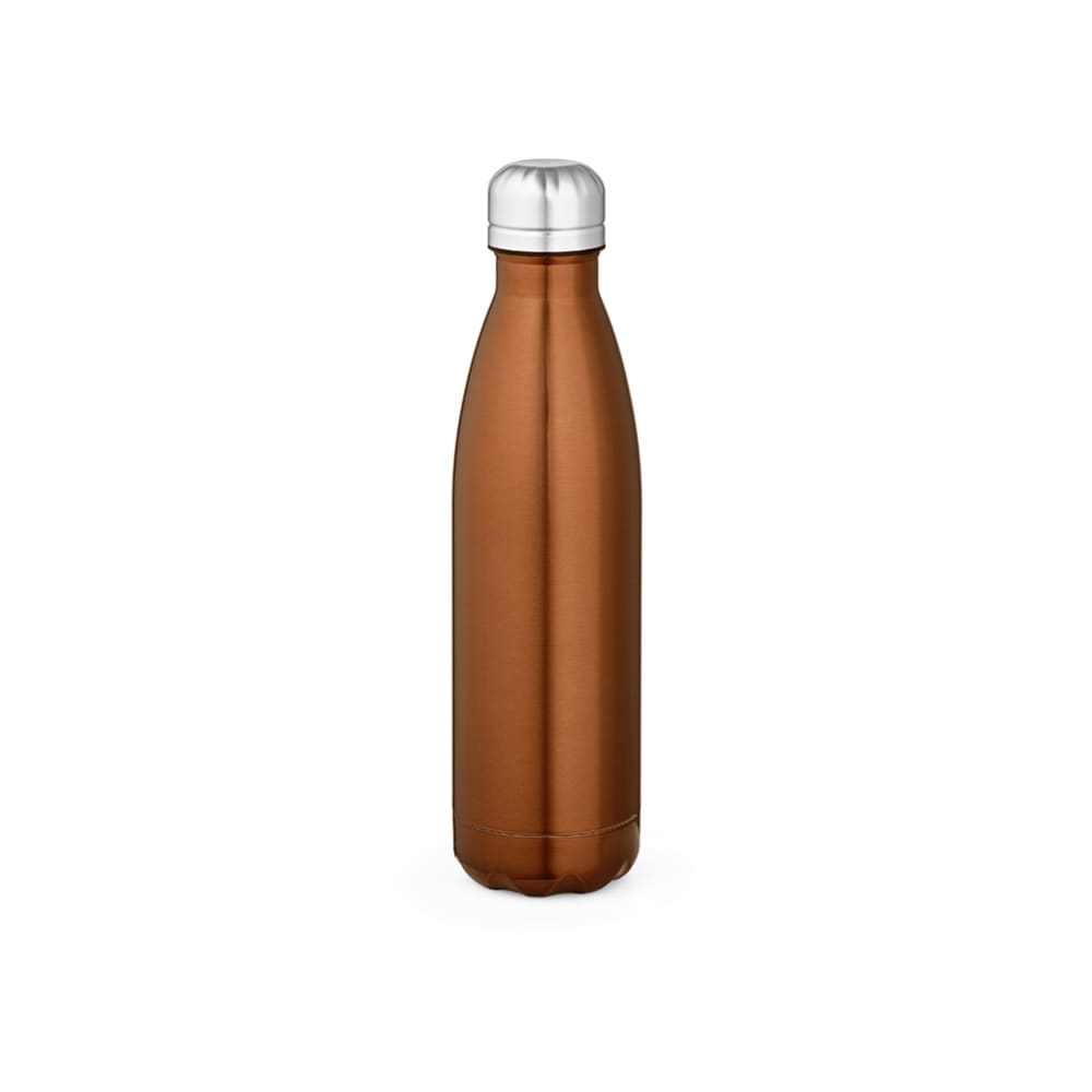 A drink bottle in a shiny bronze finish, featuring a silver screw-on lid and a sleek, double wall design.
